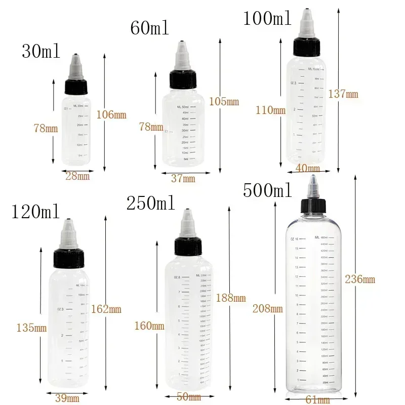 Mini flacons compte-gouttes vides en plastique transparent, 30ml-500ml, avec échelle et bouchon torsadé, conteneurs d'encre rechargeables pour peinture, bricolage, 10/30 pièces