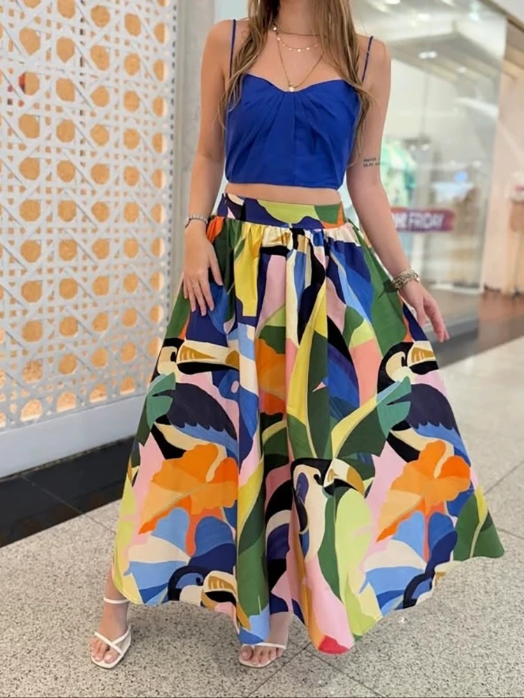 

Spring and summer new casual vacation style skirt street bright color floral print large swing women's skirt