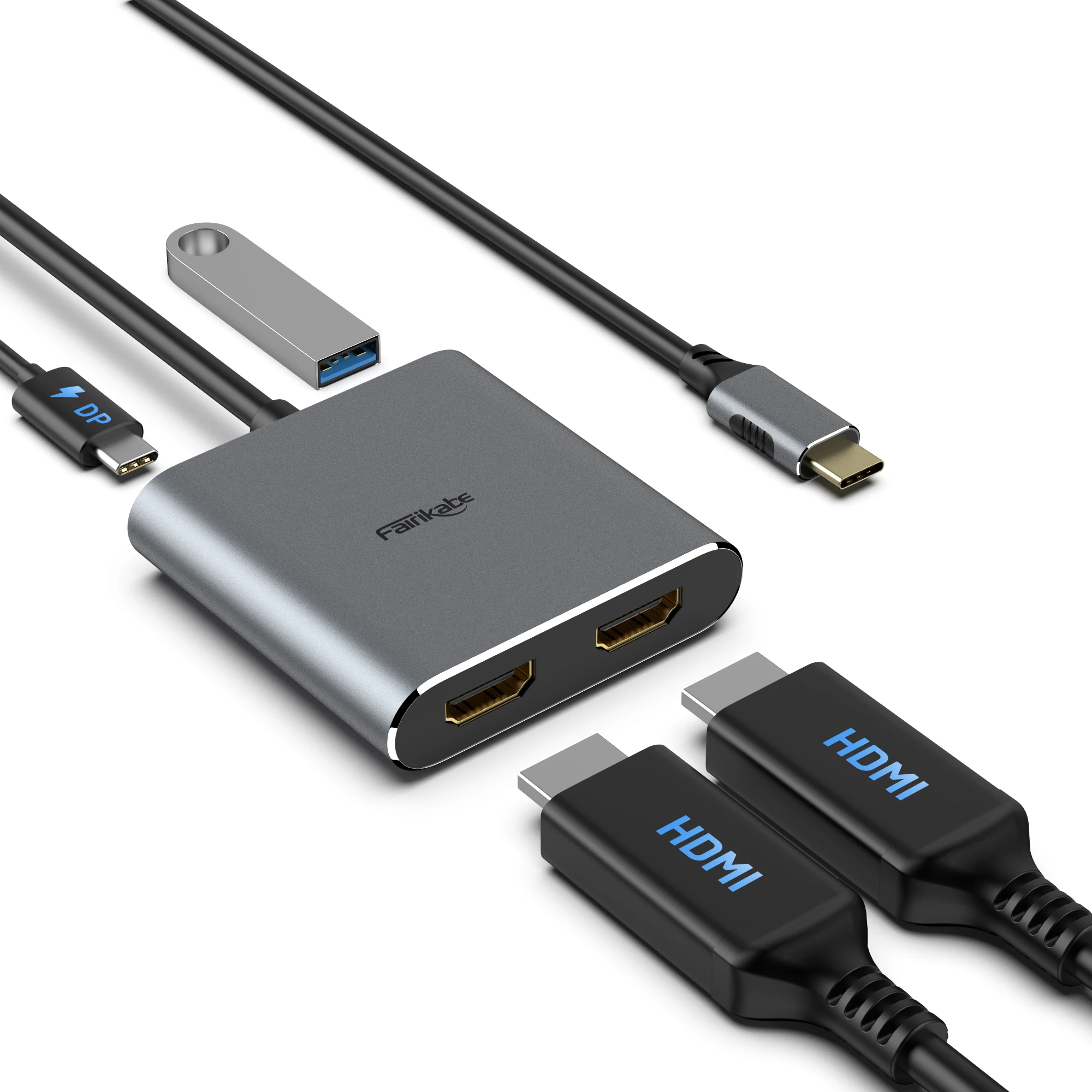 Fairikabe USB C To Dual HDMI Hub 4K 60Hz 4IN1 USB C to HDMI Converter With 100W PD Charging USB 3.0 Compatible Thunderbolt 3/4