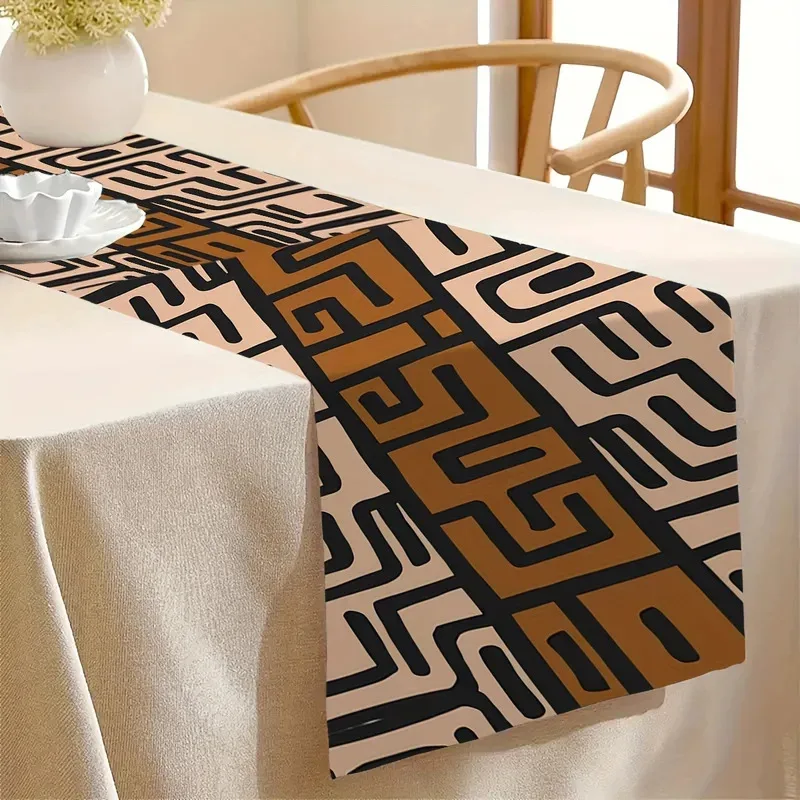 VIKAMA Afrikanischer Tribal-Leinen-Tischläufer, Tischdecke mit geometrischem Muster für Küche, Esszimmer, Heimparty-Dekoration