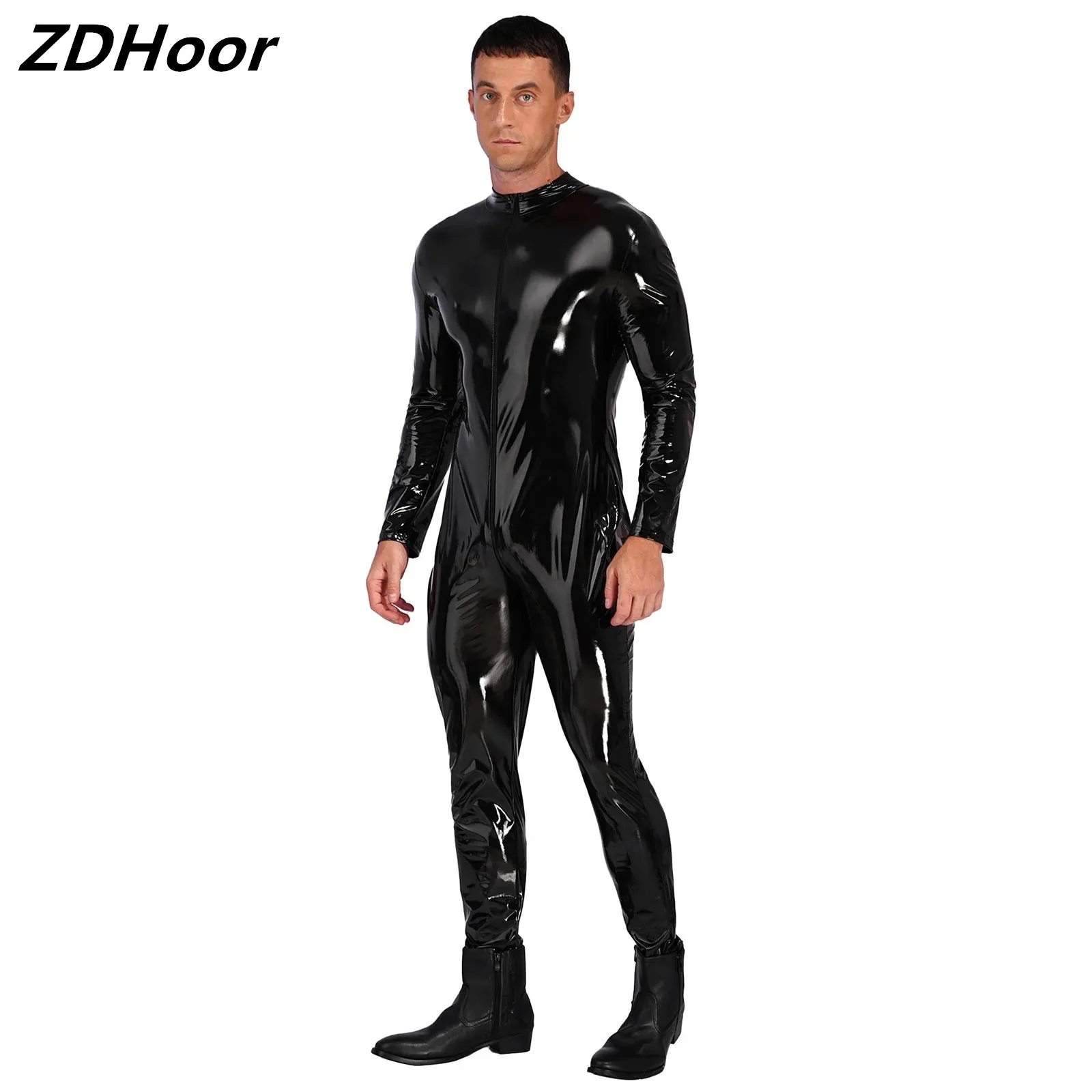 

Mens Zipper Crotch Jumpsuit Stand Neck Long Sleeve Catsuit Party Clubwear Wet Look Patent Leather Bodysuit