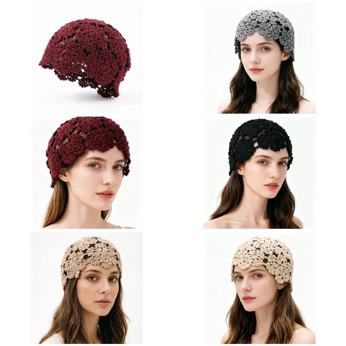 Women's Vintage Crochet Lace Hat, Floral Hollow Out Headscarf, Breathable Summer Beanie, Boho Chic Hair Accessory for Daily Wear