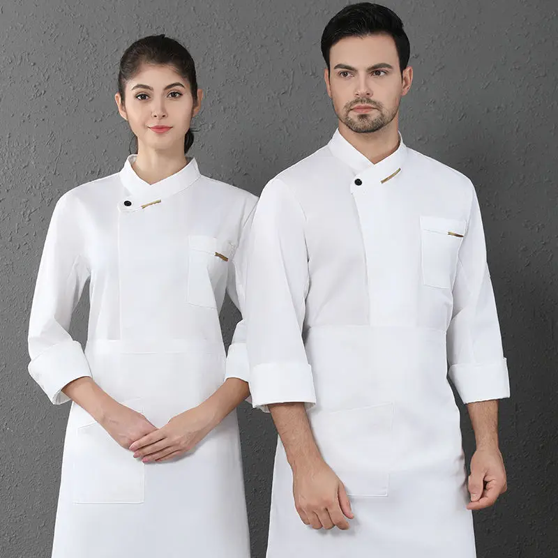 Veste de chef à manches longues pour hommes et femmes, manteau blanc, tablier, uniforme de chef, restaurant, hôtel, cuisine, vêtements de cuisine, service alimentaire