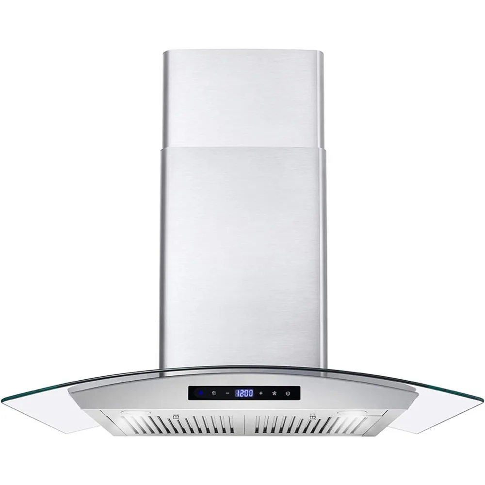 

Wall Mount Range Hood with Ducted Exhaust Vent, 3 Speed Fan, Soft Touch Controls, Tempered Glass,