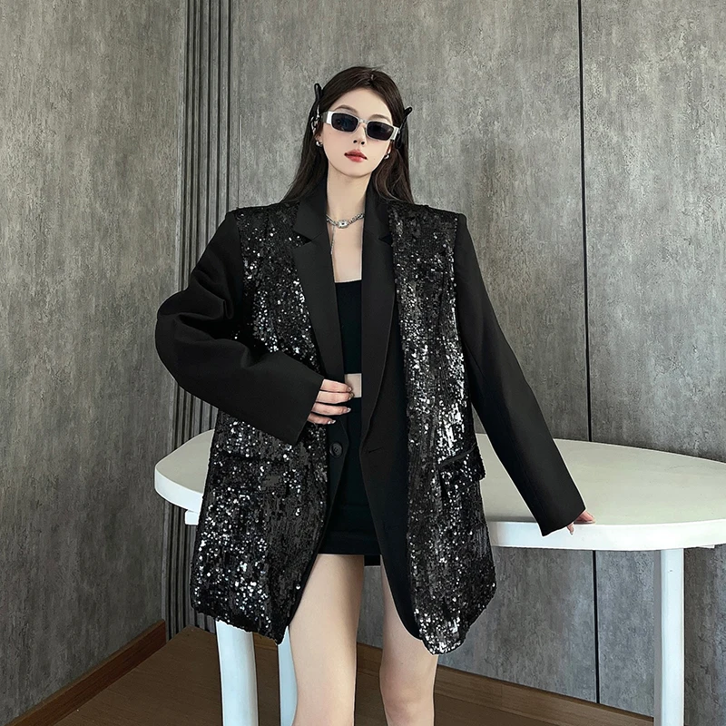 

SuperAen корейский стиль блейзер в стиле пэчворк с блестками для женщин осенняя новая мода оверсайз повседневная свободная куртка