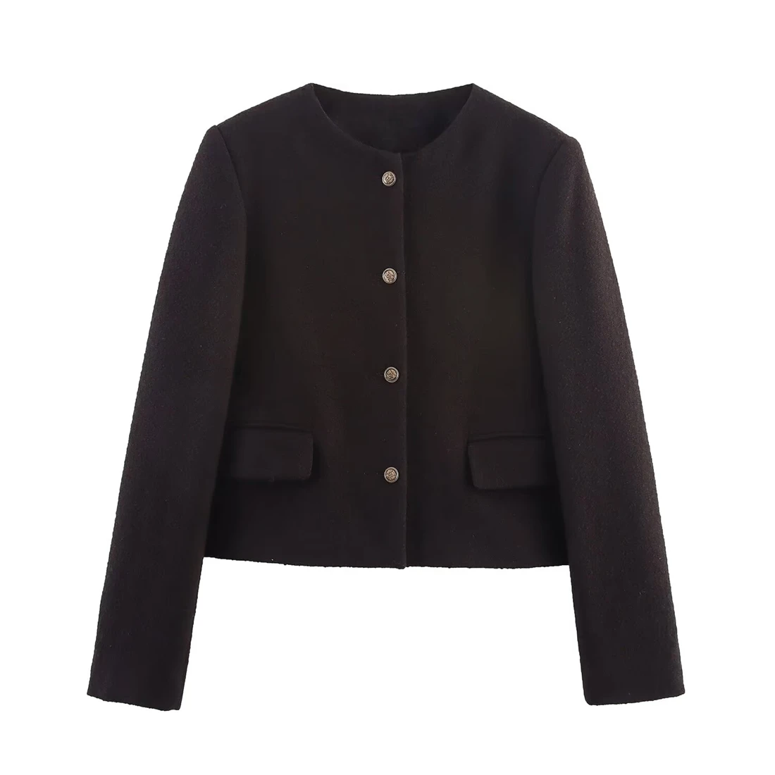 

Women's Short-Length Wool Blazer with Round Neckline, Single-Breasted, Slim-Fit Top, Retro-Style Short Jacket