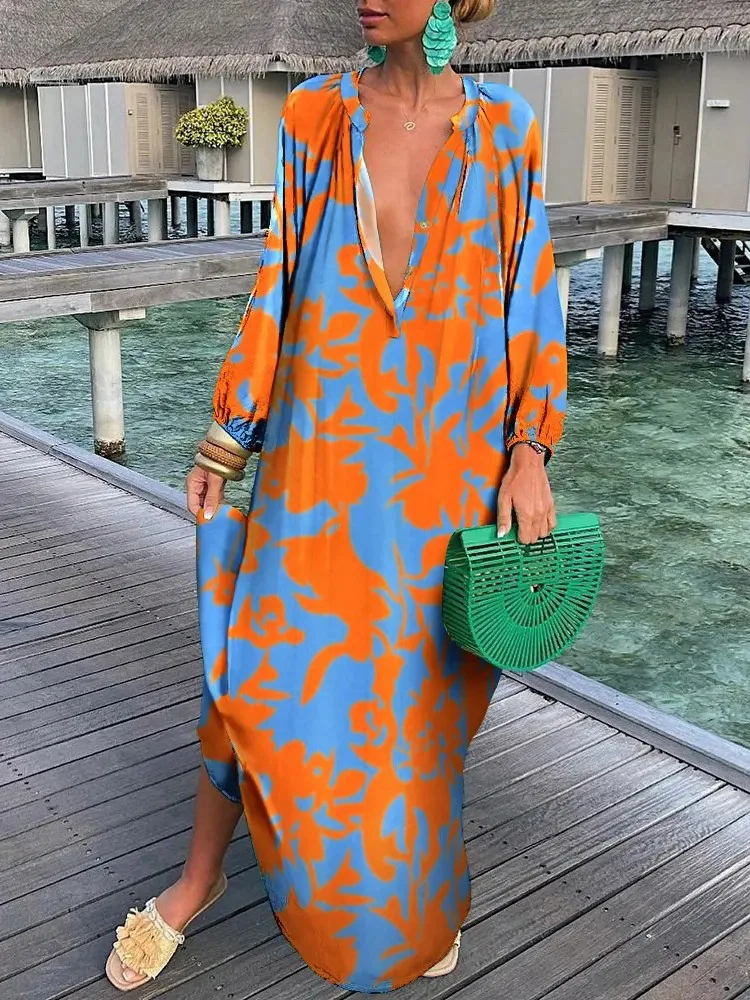 Vrouwen Vintage Maxi Jurken 2023 Zomer Sexy Diepe V-Hals Lange Mouw Boho Print Jurken Dames Strand Cover Up Elegant Gewaad