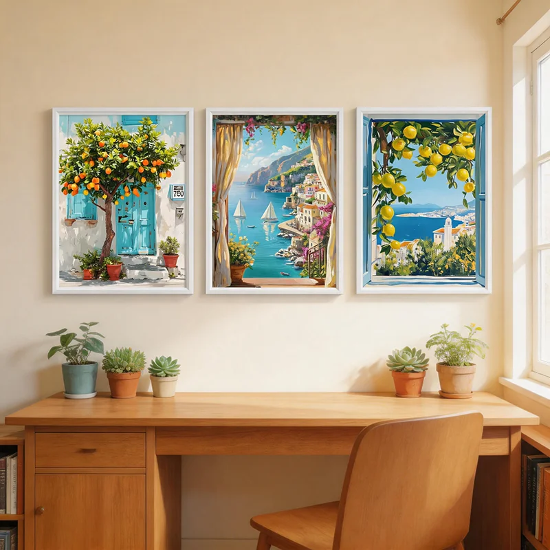3PCS Mediterranean Citrus Coastal Canvas Wall Art - Seaside Town Oil Painting Prints Home Decor