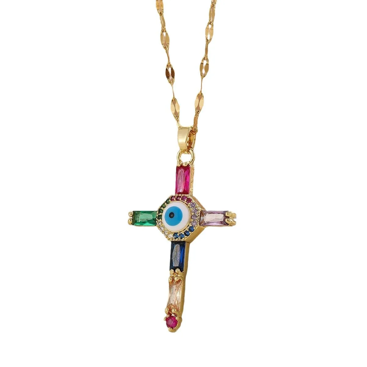 

This female personalized collarbone chain copper-plated gold devil's eye zirconia cross titanium steel necklace