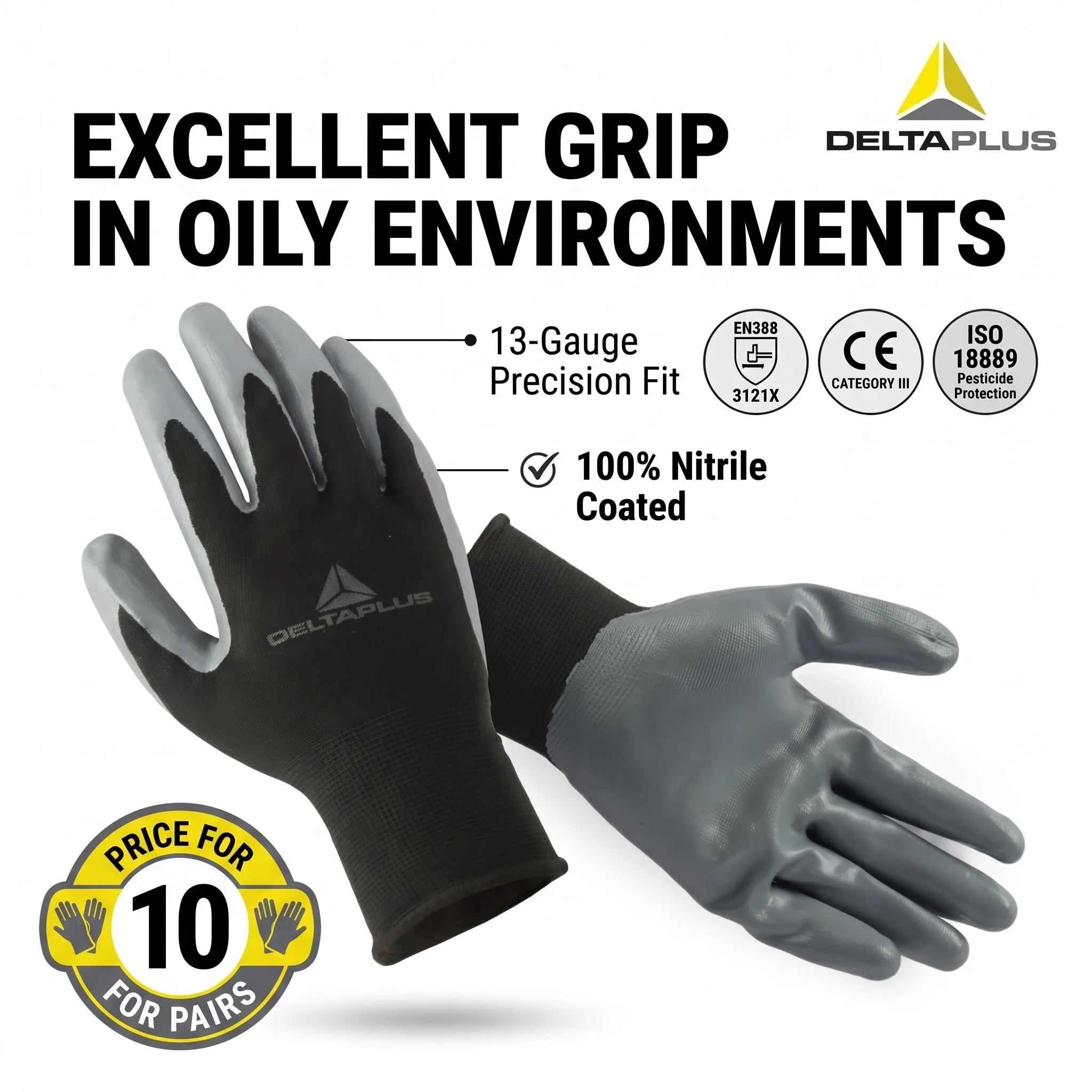 DELTAPLUS VE712GR Nitrile Coated Precision Work Gloves Anti Slip Safety Mechanic Repair Construction Guantes de Trabajo Hombre