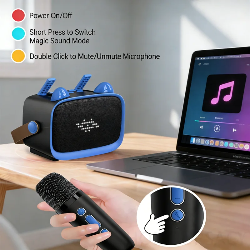 

Портативная мини-колонка с RGB-подсветкой, Hi-Fi стереозвуком, Bluetooth, беспроводная караоке-система с 2 микрофонами для домашнего пения.