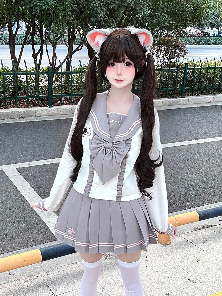 

Japanese Cute Jk Navy Collar Uniform Suit College Style Sweet Bow Splicing Color Long-sleeved Shirt Pleated Skirt Two-piece Set