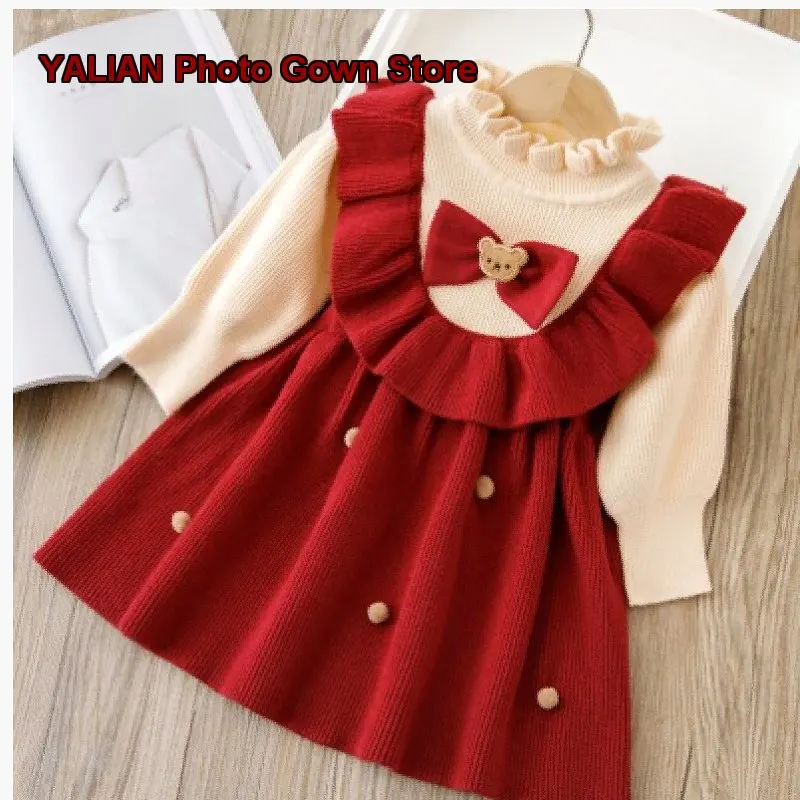 Girls Autumn Winter Dress Kids Knit Dress Fleece Lined Princess Style Base Layer