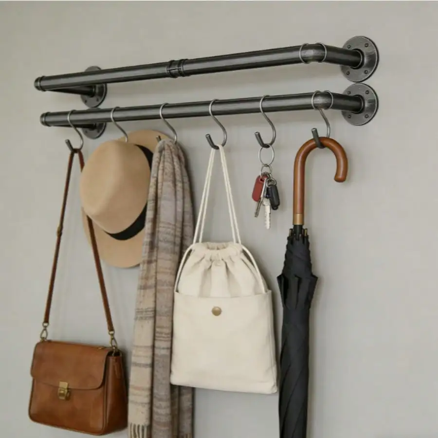 

2 Pieces Of Industrial-Style Pipe Hangers, Heavy-Duty Detachable Iron Hanging Rack For Wall Mounting, Space-Saving Multi-Functional Clothes Drying Pole And Storage Rack, Suitable For Hanging Miscellaneous Items, Etc., For Bedrooms And Wardrobes.