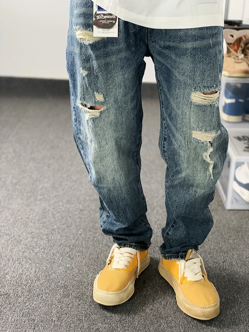 

Washed out American Style Slim Fit Jeans Spring Summer Thin Cone Shaped Destroyed Vintage Jeans Casual Straight Leg Jeans