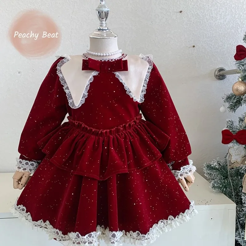 

Fashion Baby Girl Princess Lace Christmas Red Dresses Long Sleeve Infant Toddler Child Shinning Bow Vestido Baby Clothes 1-10Y