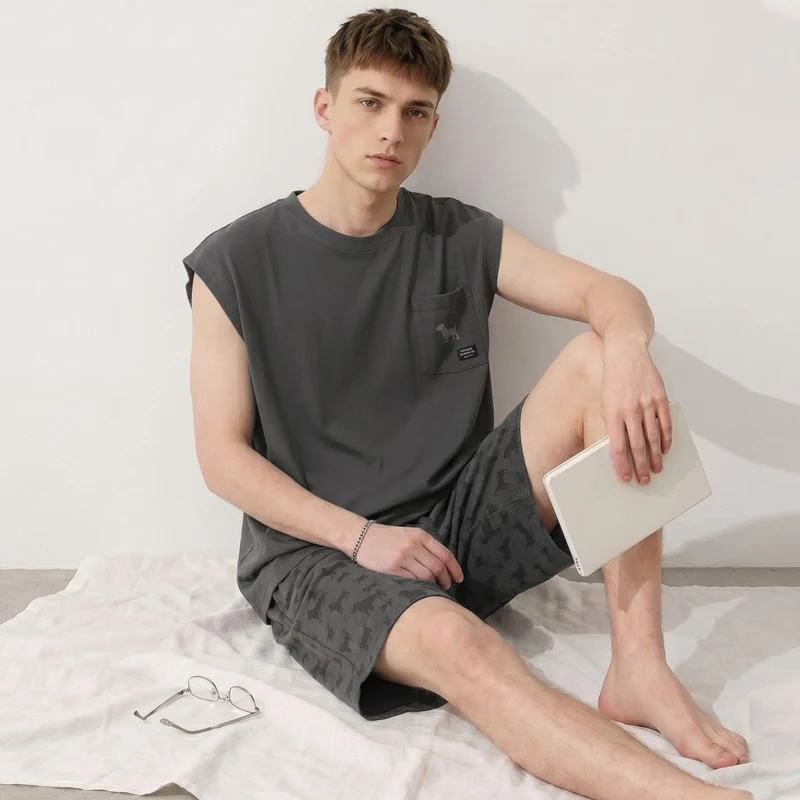 

2026 Summer Sleeveless Vest 100% Cotton Pajama Sets for Men Korean Loose Sleepwear Suit Pyjama Homewear Male Pijama Home Clothes
