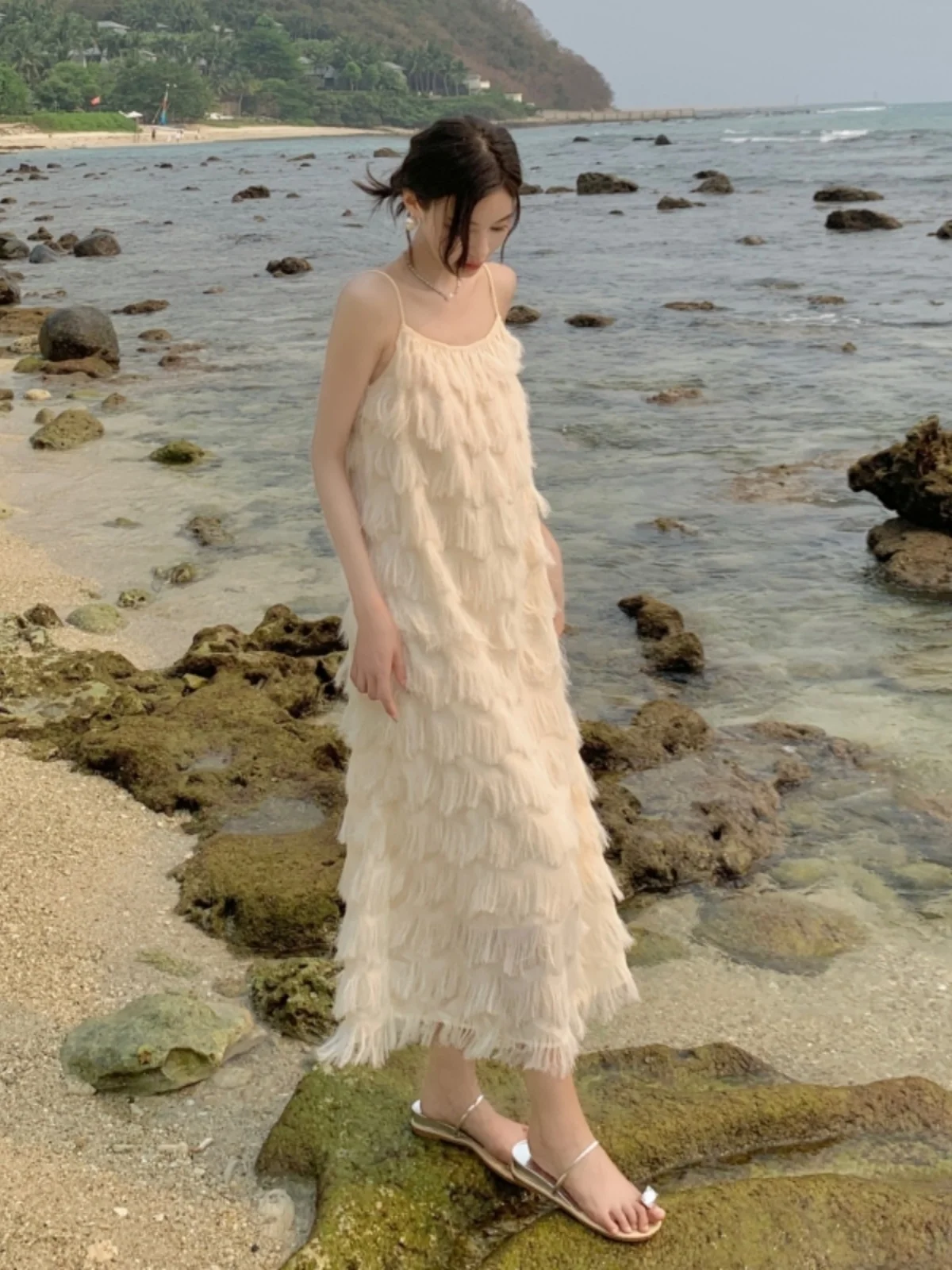 n الأبيض Strapl Dr المرأة الصيف شرابة الشاطئ Vaion تنورة طويلة H-ape لون نقي Svel واحد أولدر Dr