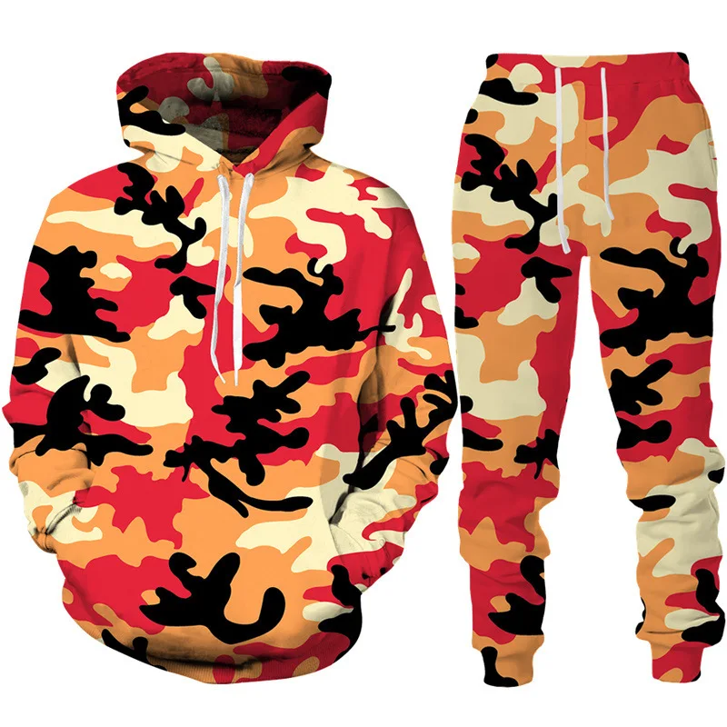 Men\'s Camouflage Hoodie Pant Suit 3D Print Hooded Sweatshirt Casual Outdoor Tracksuit Outfits Oversized Men\'s Clothing 2pcs Sets