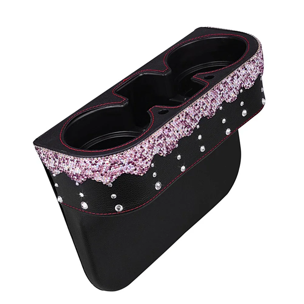 Car Interior Accessories Leather Seat Crevice Storage Box Bag with Luxury Crystals Drink Cup Mobile Phone Organizer