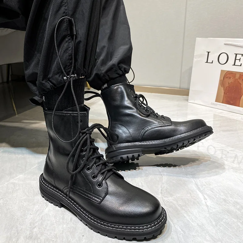 men casual hip hop punk motorcycle boots real leather shoes black ankle cowboy boot streetwear platform botas de homens zapatos