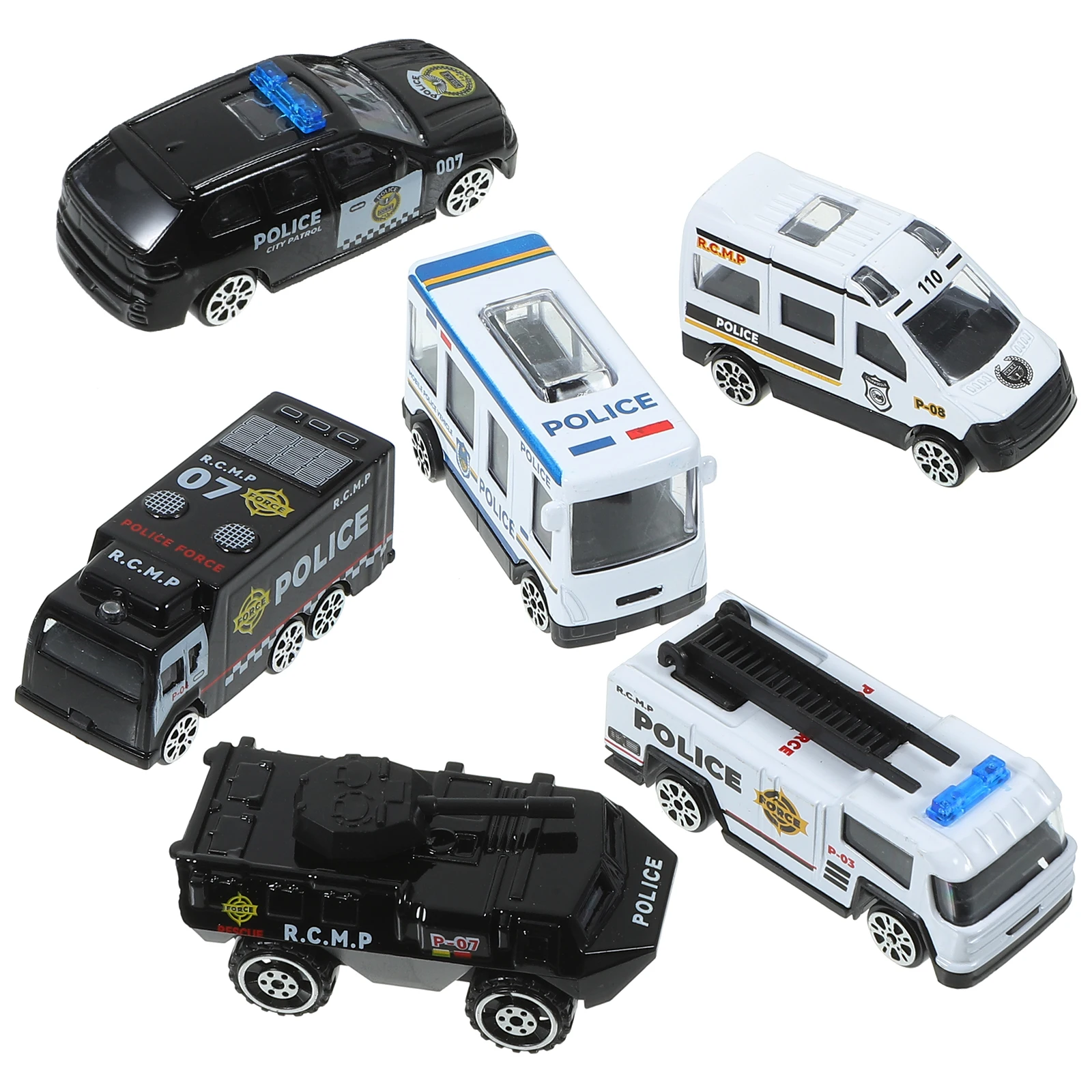 รถตำรวจของเล่นแบบหล่อขึ้นรูป 6 คัน แบบดึงหลังเคลื่อนที่ด้วยแรงเฉื่อย สำหรับเด็ก ทำจากโลหะผสม ไม่ใช้รีโมทคอนโทรล สำหรับสะสม