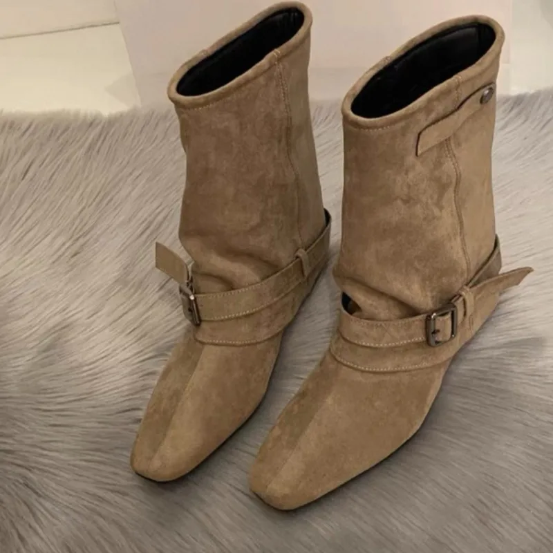 

French Style Suede Square Toe Wedge Chelsea Boots for Women 2025 Autumn Temperament Versatile Elastic Mid-calf Boots Plus Size