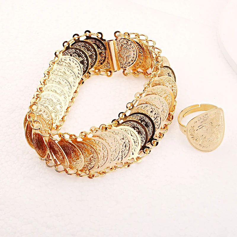 

New Muslim Women Jewelry Set Arabic Wedding Jewelry Women Bracelet Turkish Coin Symbol Ring Gold Plated Sets Woman Fashion