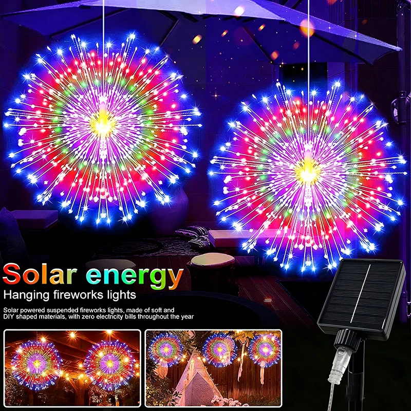 

Солнечные фейерверки-гирлянды для улицы - 240/300/2360/450 LED, 8 режимов, медная проволока, подвесные гирлянды для двора, патио, палатки, вечеринки, Рождества