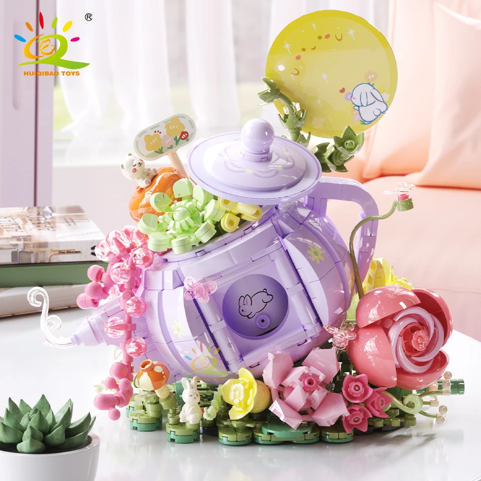 

HUIQIBAO 878PCS Tea Pottea Cup Potted Plant Building Block Succulent Flower Model Bricks Set City Construction Toys For Children