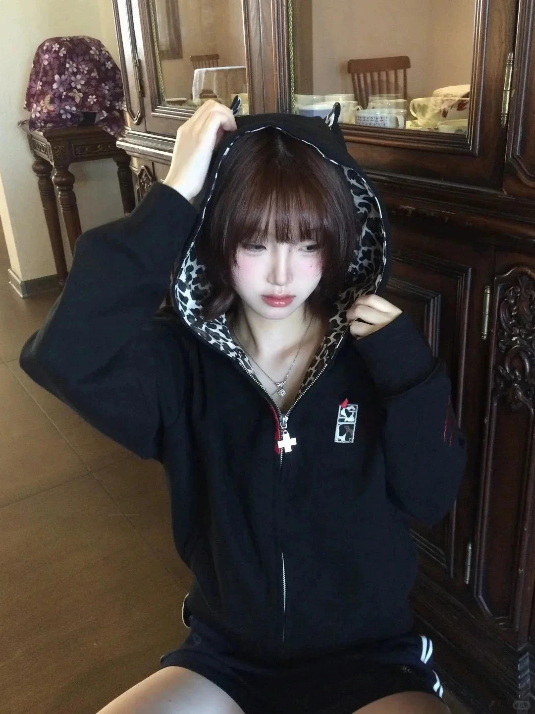 American Retro Hoodie Women's Loose Design Sense Small Devil Leopard Print Zipper Open Cardigan Outerwear Early Autumn