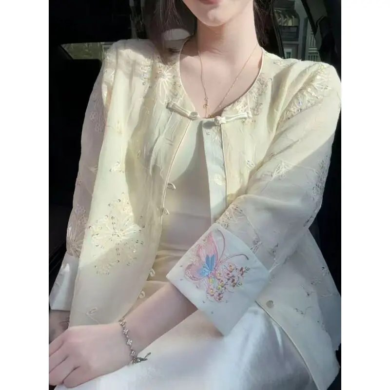 2026 new chinese style folkwear long sleeve embroidered Butterfly shirt retro stand-up collar cheongsam button tang suit blouse