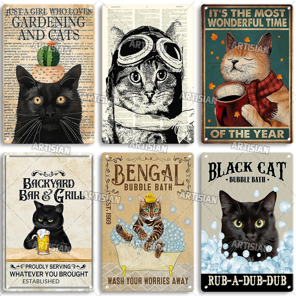 Artisian Black Cat Metal Sign Washing Room Tin Plaque Funny Decorative Poster Wall Decor Garage Bar Pub Club Hotel Cafe Kitchen