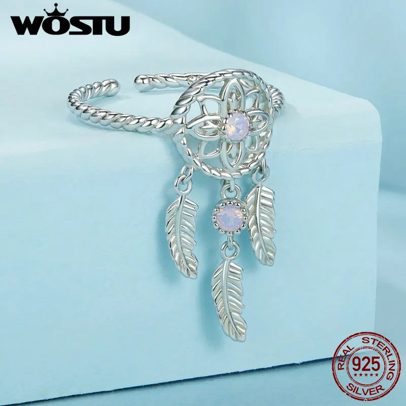 WOSTU 925 Sterling Silver Dreamcatcher Open Ring With Nano Opal Stone For Women Wedding Lucky Gift Fine Jewelry Boho Style