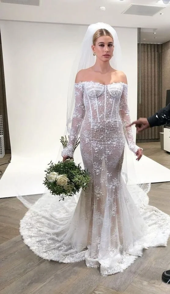hailey bieber wedding dresses Mermaid Beach Wedding Dresses with Long Sleeve 2022 Full Lace Off Shoulder Hailey Bieber Summer