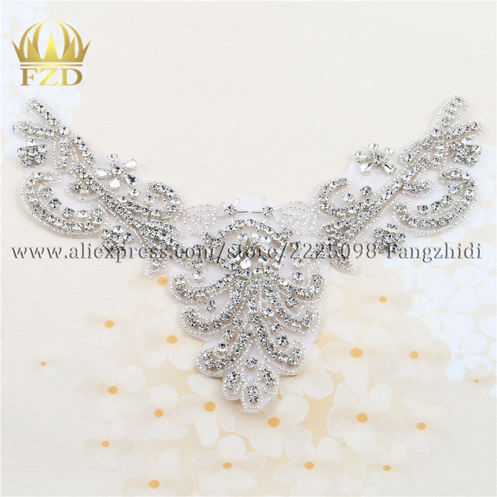 FANGZHIDI 1 Pezzo Fatto A Mano Hot Fix Per Cucire Strass In Rilievo di Cristallo Abito Da Sposa Applique per Abito Da Sposa decorazione Neckline