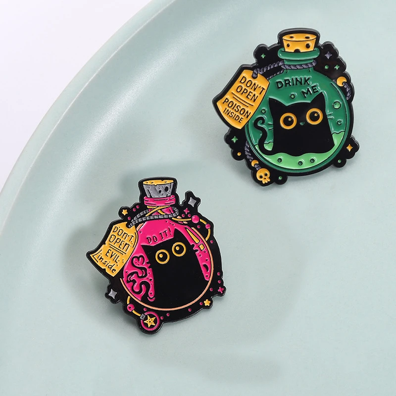 Dark Style Cartoon Black Cat Badge Brooch Pins Creative Don't Open Potion Bottle Evil Inside Enamel Lapel Pin On Backpack Clothi