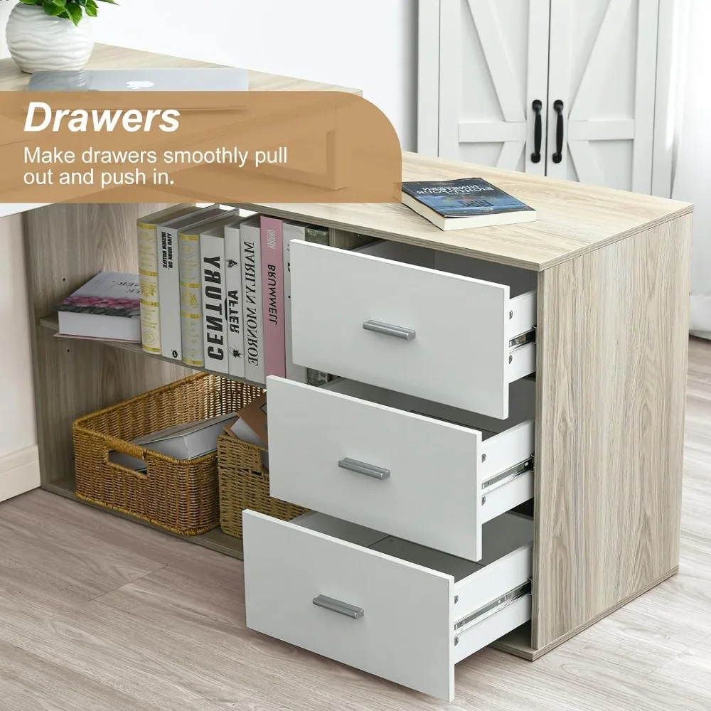 55 Inch Reversible L Shaped Computer Desk with 3 Drawers, Corner Desk with Storage Shelves and Removable Monitor Stand