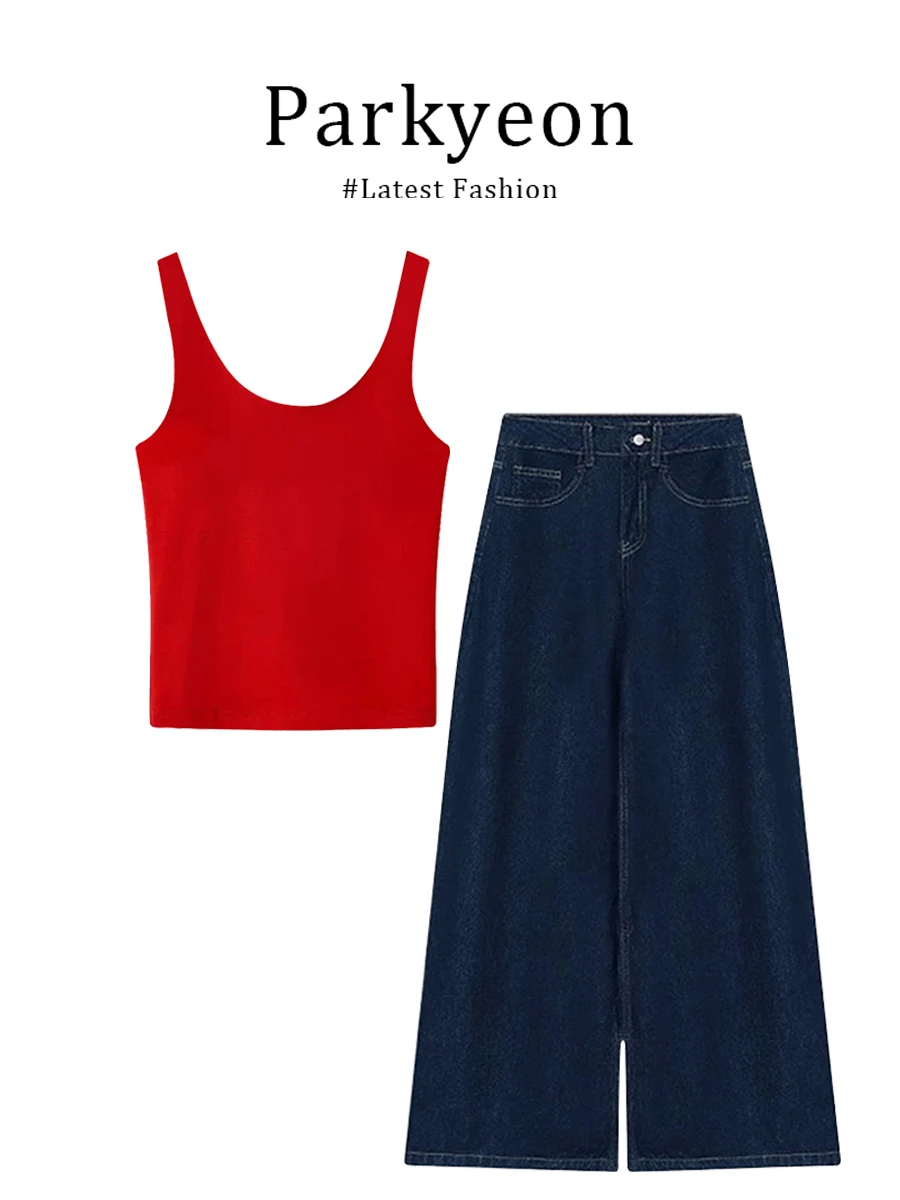 

Parkyeon Red Sleeveless Strap Vest Blue High Waist Loose Wide Leg Jeans Casual Two Piece Set Women's Fashion Summer Outfit