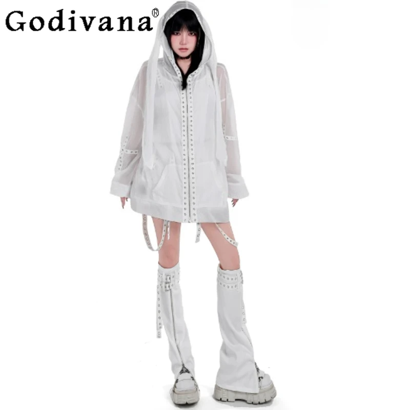 Spring Summer Black Light Loose Versatile Personalized Long Sleeve Sunscreen Clothing Fashion Sweet Street Zipper Hooded Jacket