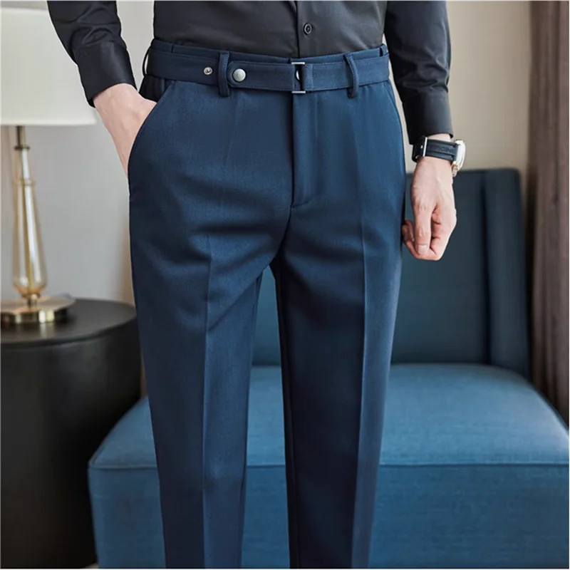 Dark stripe Men Formal Trousers 2024 New Fashion Belt Design Man Dress Pants Simple Slim Business Casual Suit Pant Plus Size 38