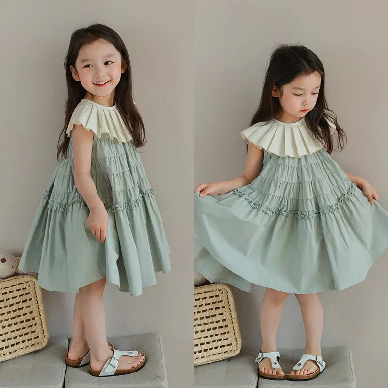 

Baby Girl Dress Girls Color Contrast Pleated Lapel Dress 2024 Summer New Children Baby Girls Fashion Stylish Casual Skirt