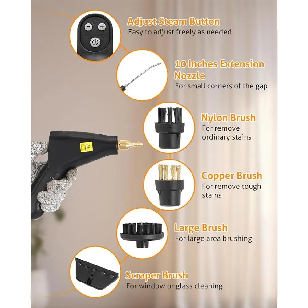 High Pressure Handheld Steam Cleaner 1500W Portable Steam Cleaning Machine 105C 4.5BAR with Extended Nozzle 6 Brush Heads