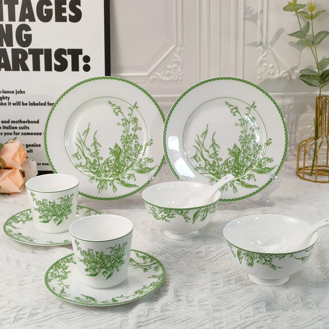 Bone China Tableware, Green Lily of The Valley Dinner Plates, Tea Cup Saucer, Ashtray, Fruit Plates, Bowl, Spoon for Kitchen