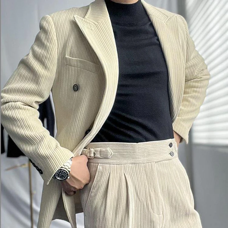 

British Style Men's Corduroy Casual Double Breasted Suit And Naples Pant Two-piece Set Fashion Vintage Business Suits Outfits