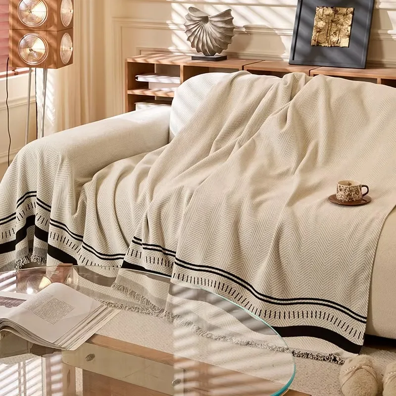 Vintage Chenille Herringbone Jacquard Sofa Throw Blanket Wavy Stripe Tassel Edge Anti-Scratch All Season Couch Cover