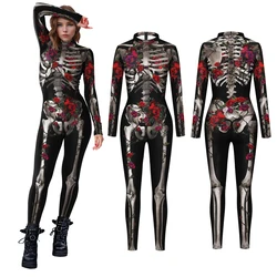 [You're My Secret] Halloween Devil Ghost Women Cosplay Skeleton Rose Sexy Bodysuit Long Sleeve 3D Printed Party Performance Suit