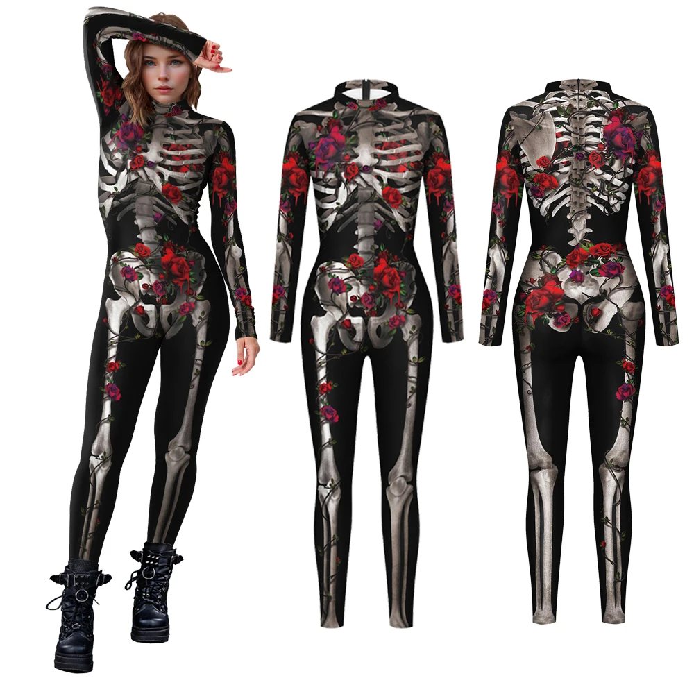 [You're My Secret] Halloween Devil Ghost Women Cosplay Skeleton Rose Sexy Bodysuit Long Sleeve 3D Printed Party Performance Suit