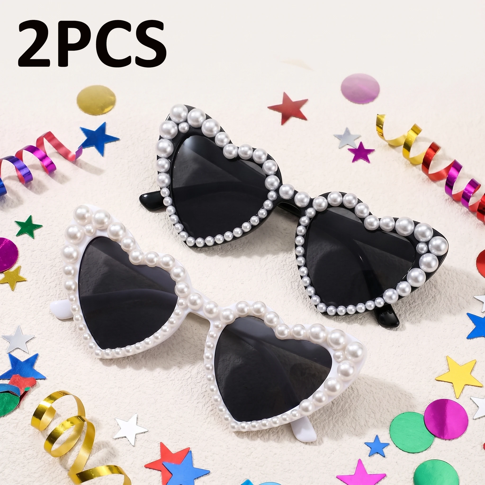 New 2-Pair Set Heart-Shaped Sunglasses, Frame Decorated With Pearls, Suitable For Daily Parties, Balls, And Other Events