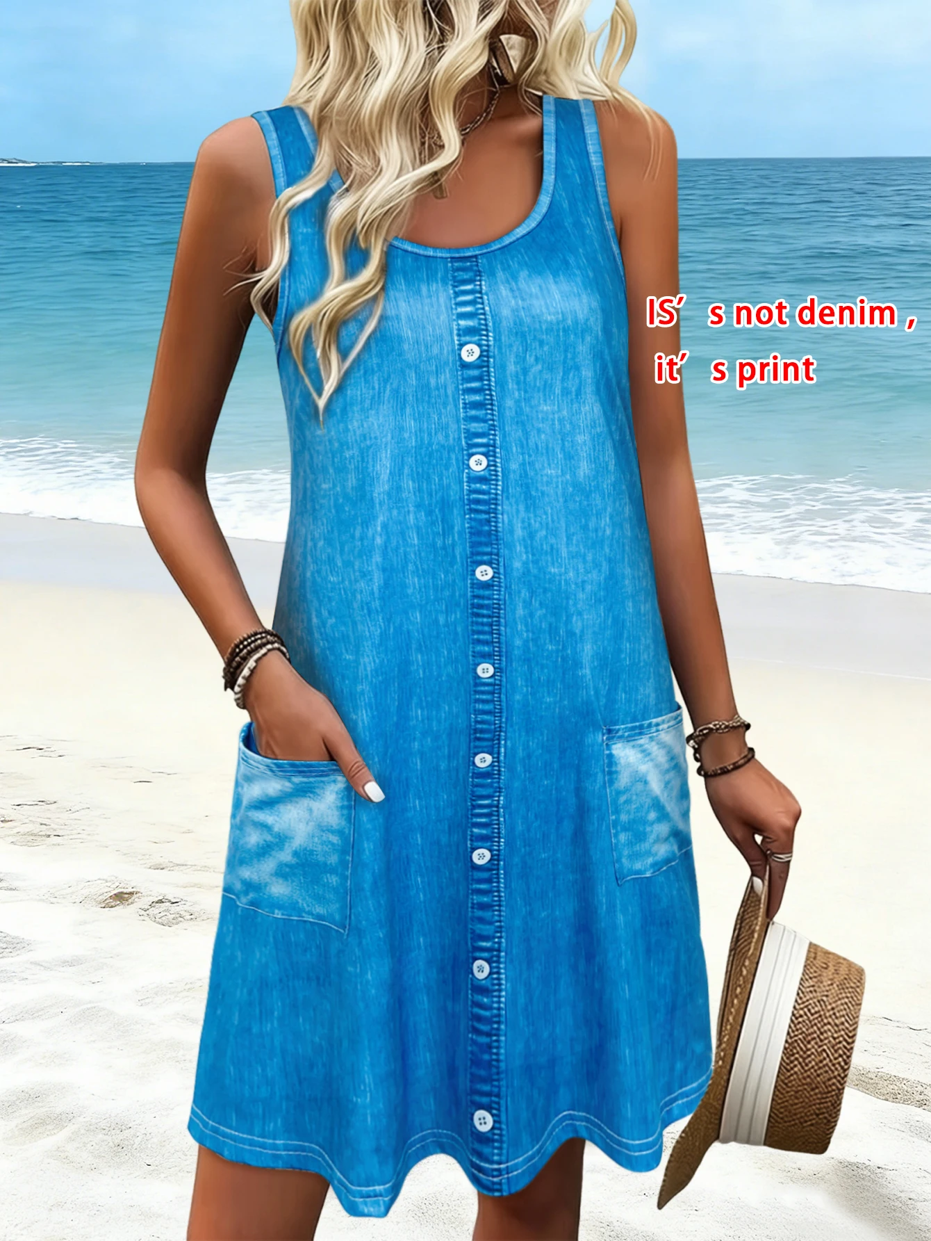 Ärmelloses Minikleid für Damen mit Denim-Print, lässiges Sommerkleid mit U-Ausschnitt und Taschen, kurzes Sommerkleid für den täglichen Urlaub am Strand – Detail 2